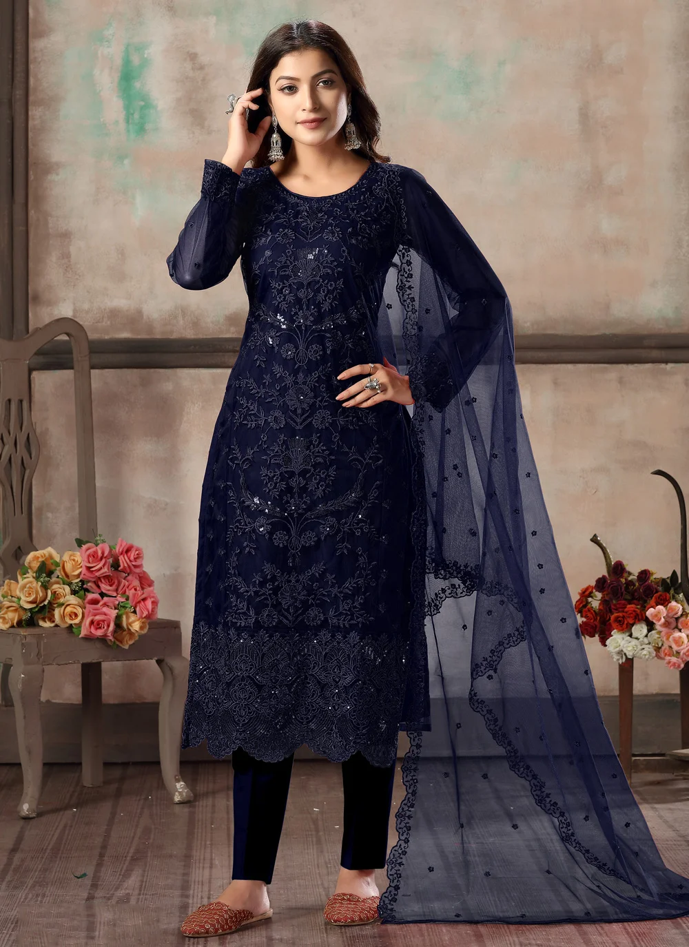 Elegant Navy Blue Embroidered Salwar Kameez