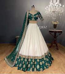 Embroidered Green and White Lehenga