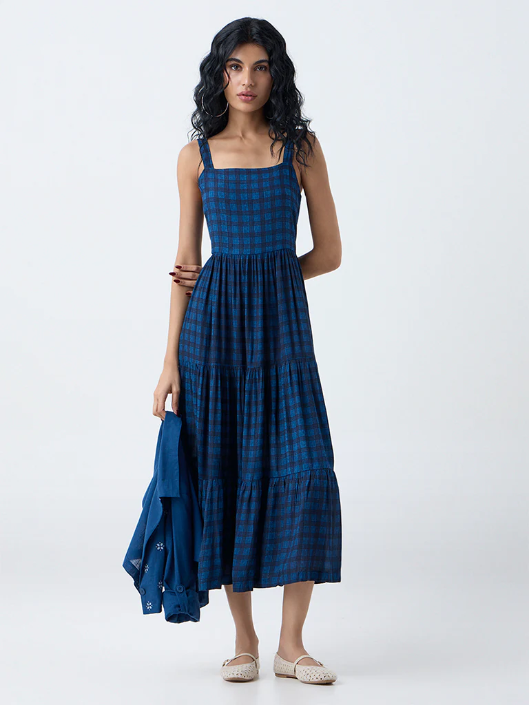 Blue Checkered Maxi Dress